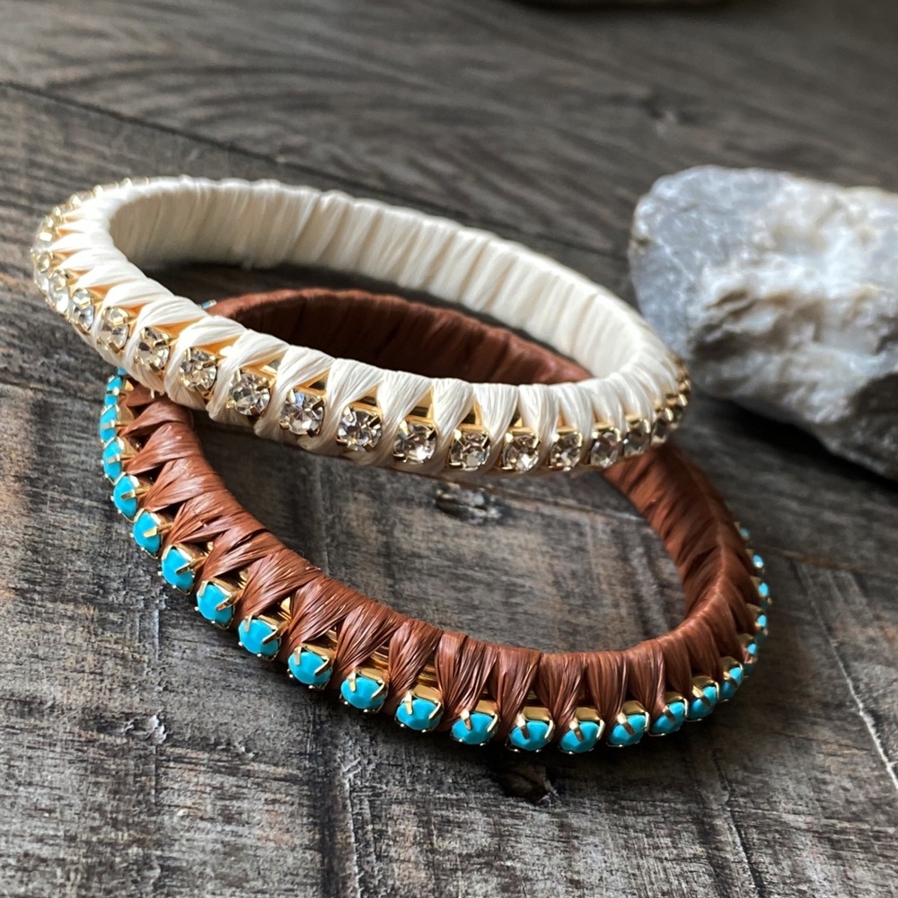 NEW Rhinestone and Turquoise Wrapped Stackable Bangles - Picture 3 of 11